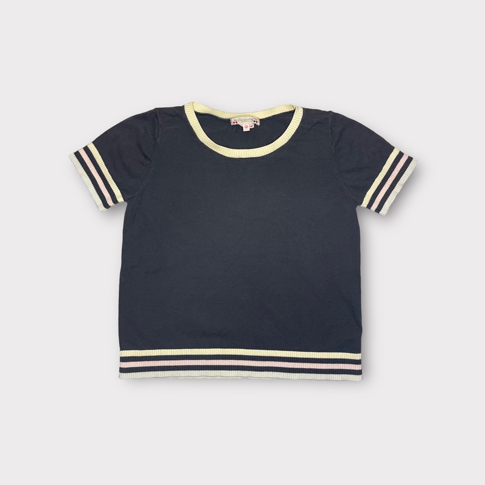 Bonpoint Round Neck Striped Trim Dark Gray Top